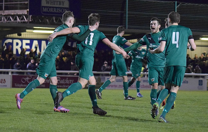 Josh Hancock celebrates scoring the first goal for Nantwich with an overhead kick v Blyth leaders
