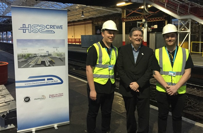 Left to right - SCC Student Will Stoke, Cllr Michael Jones and South Cheshire College Student Alex Hassall, HS2 announcement