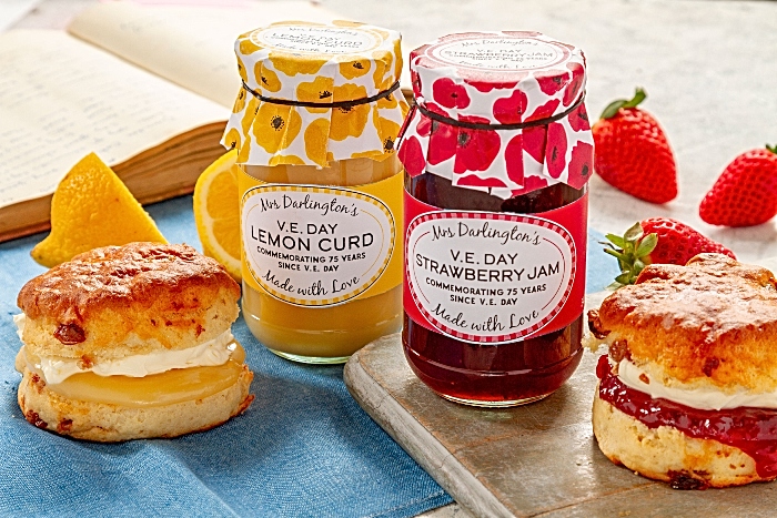 VE-Day Lemon Curd and Strawberry Jam with scones