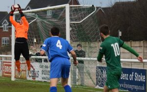 Matt Bell strike is saved by Barwell goalkeeper Liam Castle