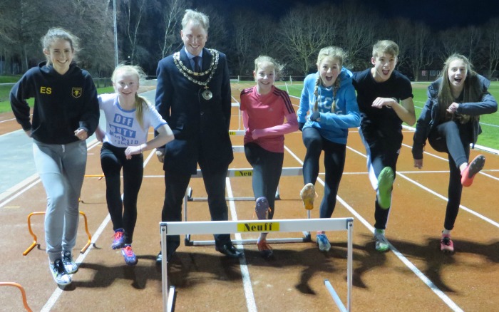 Mayor Andrew Martin with hurdling Crewe & Nantwich athletes