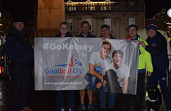 Memorial Square - Kelsey (with his guide dog) his mother and the support team from Goalball UK after Kelsey rode the Rickshaw into Crewe (1)