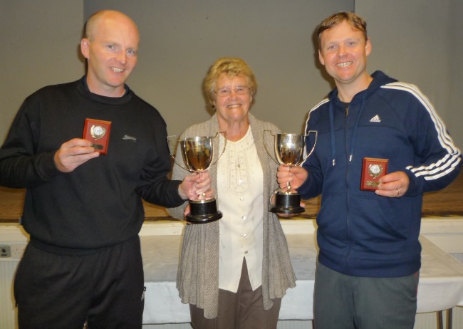 Mens Doubles winners Paul Unwin and Jonathan White with Margaret Maddock WJTC Vice Chairman