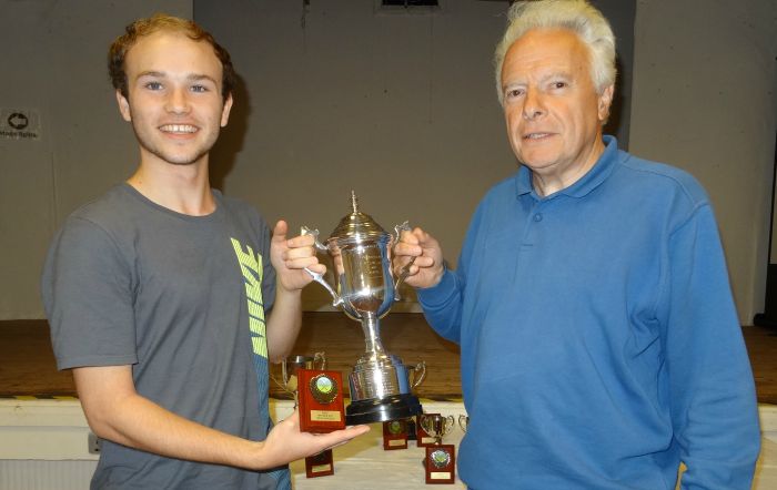 Wistaston Jubilee Tennis Mens Singles winner Oliver Cox receives the trophy from Bill Heath - WJTC Chairman