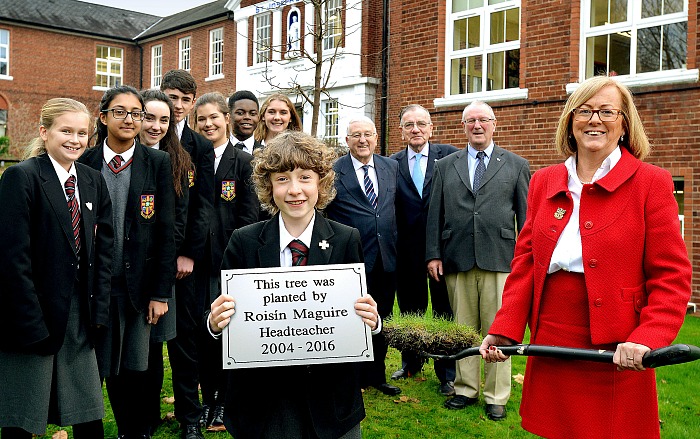 plaque and tree planted in honour of Roisin Maguire, St Joseph's College headteacher