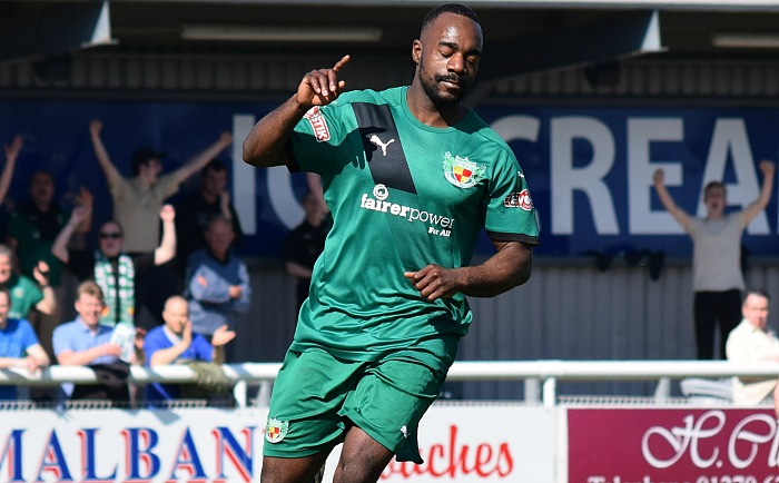 Nantwich goal v Shaw Lane - Joe Mwasile celebrates