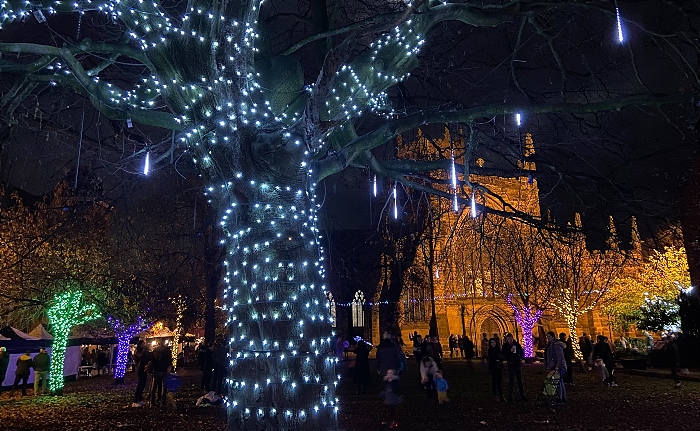 Nantwich Christmas lights with St Marys Church in the background (1)