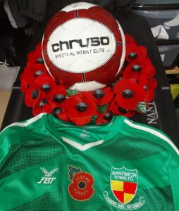 Nantwich Town wreath and player shirt featuring ‘Lest we forget’ poppy - photo by Dabbers Kit Manager Jason Clarke (1)