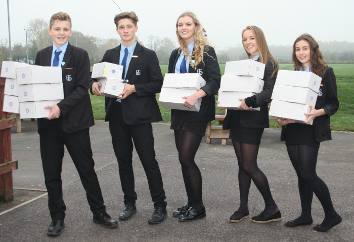 Christmas shoebox - Patrick Nevill, Sam Spencer, Hannah Fradley, Emily Wrigley and Maddie Ashbrook carry the boxes to the collection point