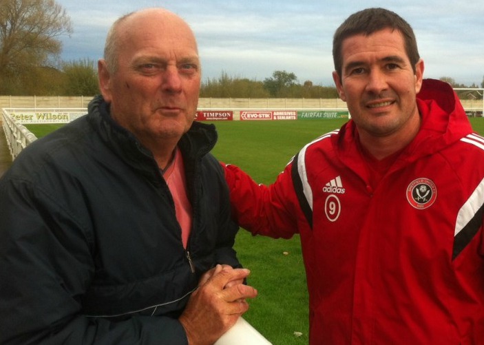 Pete Temmen, Nantwich Town groundsman, with Nigel Clough
