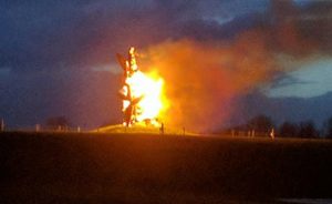 Peter Rabbit straw sculture on fire at Snugburys