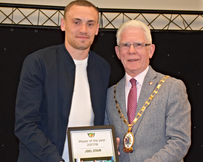 awards - Player of the year 2017-18 - Joel Stair receives his award from Mayor of Cheshire East Councillor Arthur Moran (1)