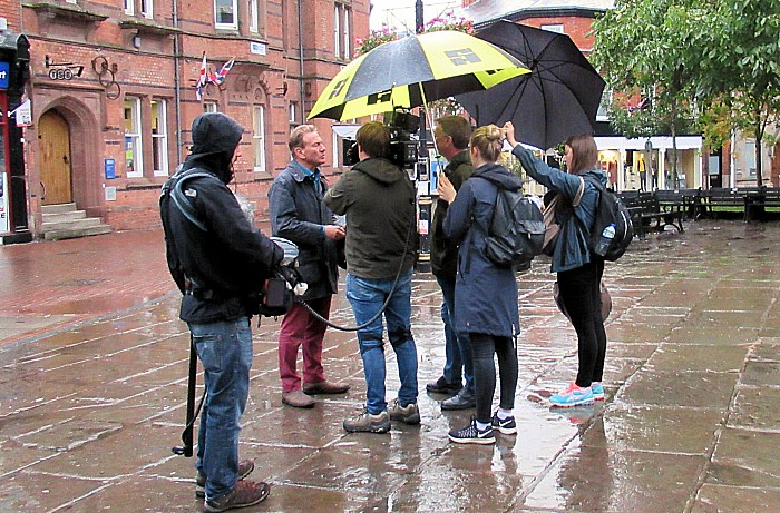 Portillo and Great British Railway Journeys BBC team in Nantwich square