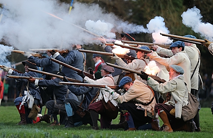 Publicity photo - Battle of Nantwich re-enactment on Mill Island - musketeers fire at opposing forces (1)