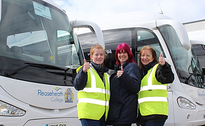 Rhianne Edisbury SA President, Alison Barnes driver, Natalie Williams Campus Supervisor - fleet of coaches