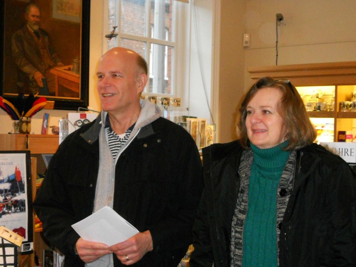 Russ Crockett and his wife Janet visit Nantwich Museum to learn more about his ancestors whilst James Hall, the eminent historian of the town, looks on.