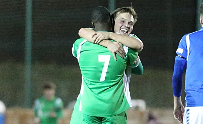 Second Nantwich goal - Joe Mwasile celebrates his goal with Sean Cooke v Warrington