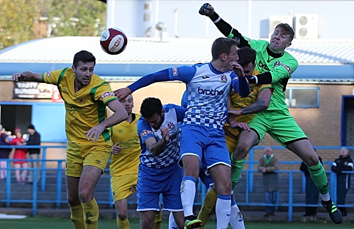 FA Trophy - Second-half action - Stalybridge keeper Aidan Winterbottom clears the ball (1)