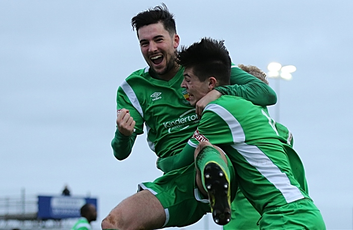 Second-half - second Nantwich goal - Joe Malkin heads home into the bottom corner and celebrates with Callum Saunders (1)