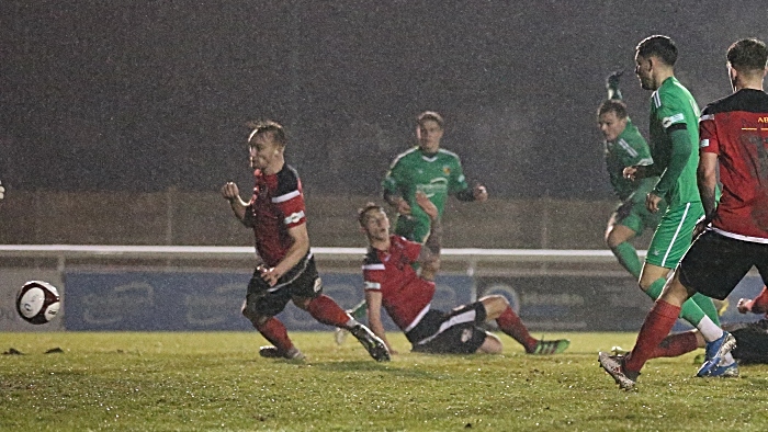 Second-half - second Nantwich goal - Sean Cooke fires it into the bottom corner during stoppage time v Stafford