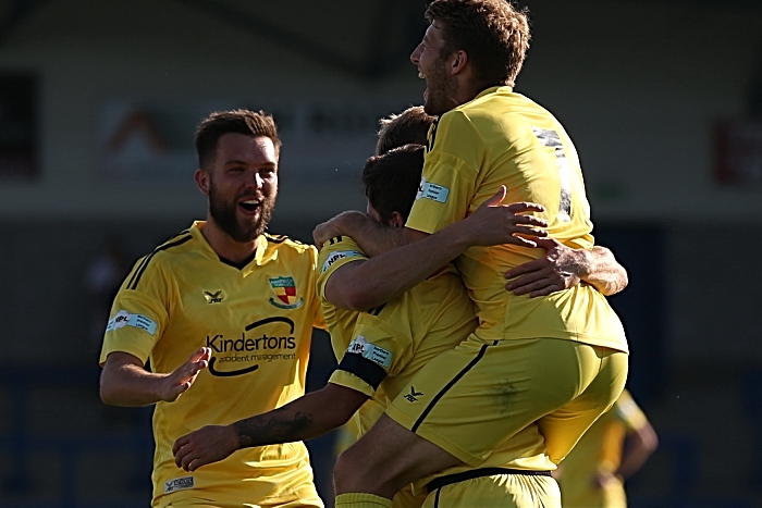 Second-half - third Nantwich Town goal - Caspar Hughes celebrates with teammates (1)