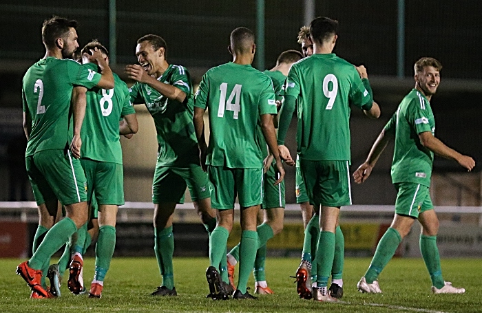 Second-half - third Nantwich Town goal - teammates celebrate (1)