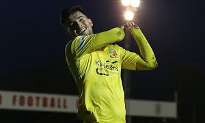 Second-half - third Nantwich goal - Callum Saunders celebrates his second goal with his famous golf swing (1)