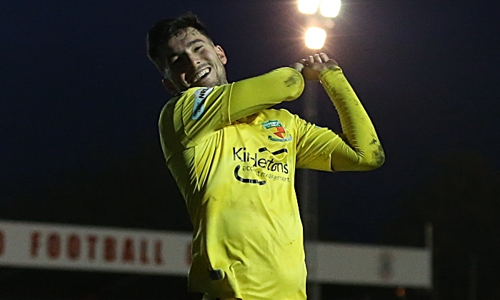 Second-half - third Nantwich goal - Callum Saunders celebrates his second goal with his famous golf swing (1)