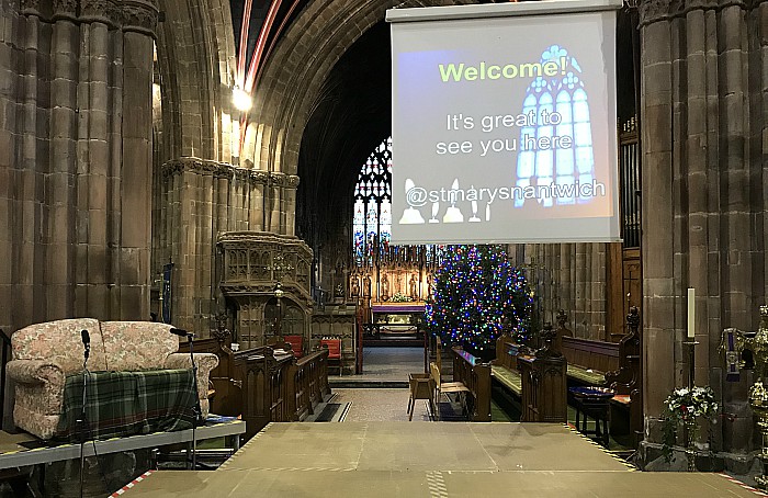 St Mary's Church Nantwich – Crib Service – stage area and screen