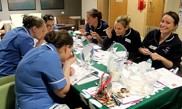 Staff at Leighton Hospital’s Macmillan Cancer Unit get pampered during a Look Good Feel Better training session