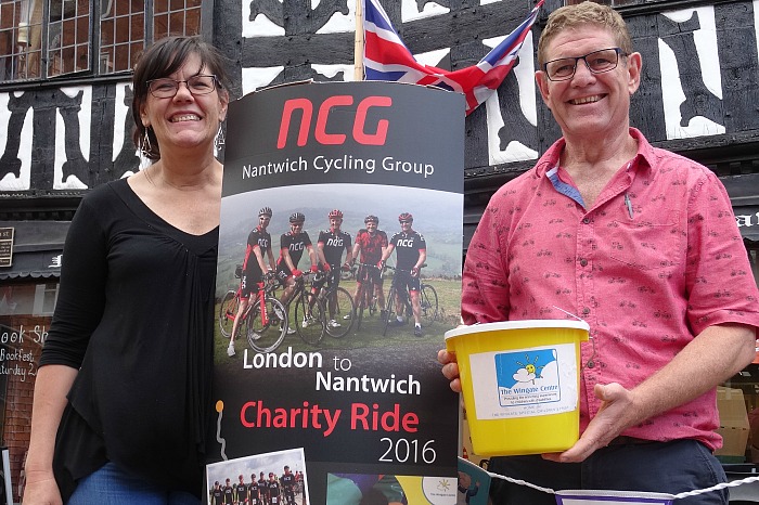 Steve and Denise Lawson from the Nantwich Bookshop collect money for the NCG cycle ride from London