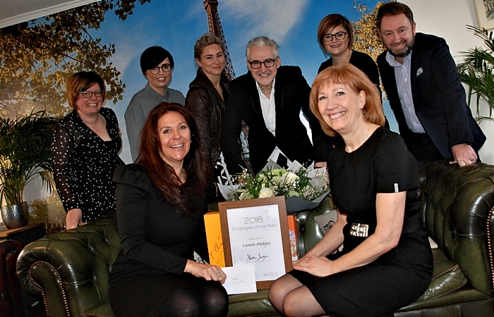 Steven Burgin (centre) with Employee of the Year Laura Hedges, runner up Denise Hartley, salon team members, florist Jacqui O and Joico national sales manager Steve Heaton