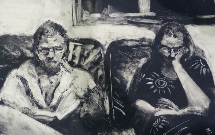 Study of Two People Reading, monoprint, by Alex Jabore