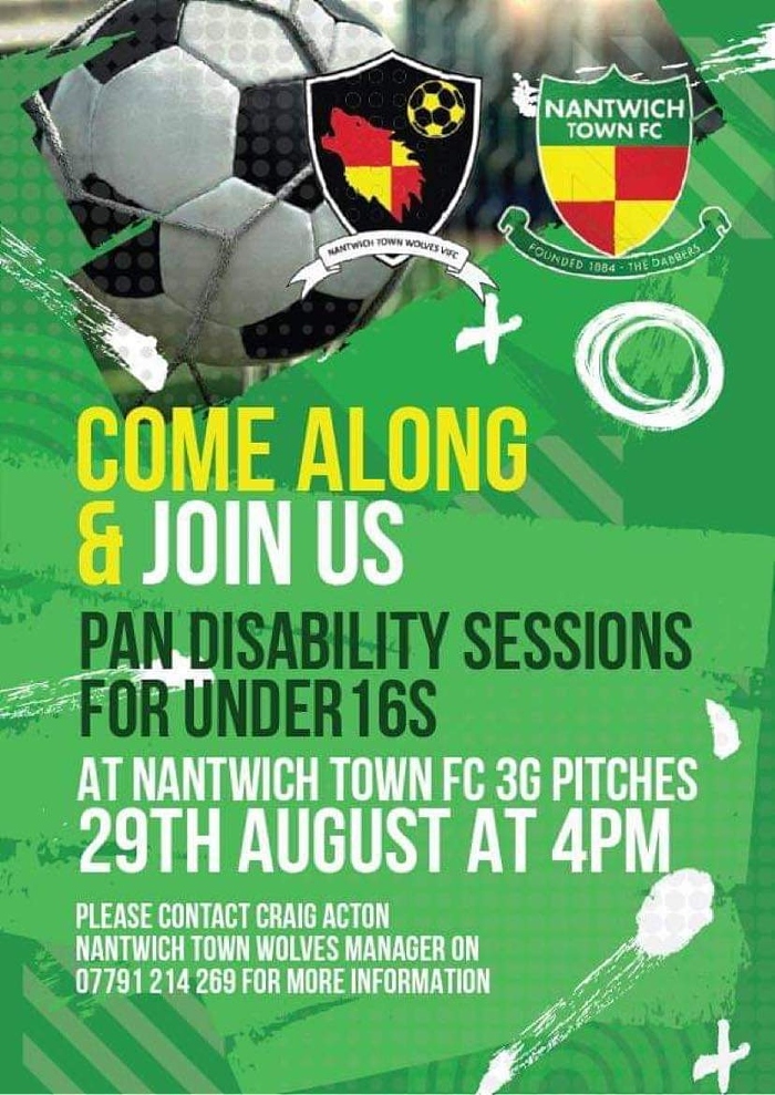 Sunday 29th August - Nantwich Town Wolves VIFC - new weekly under16s pan disability football training sessions (1)