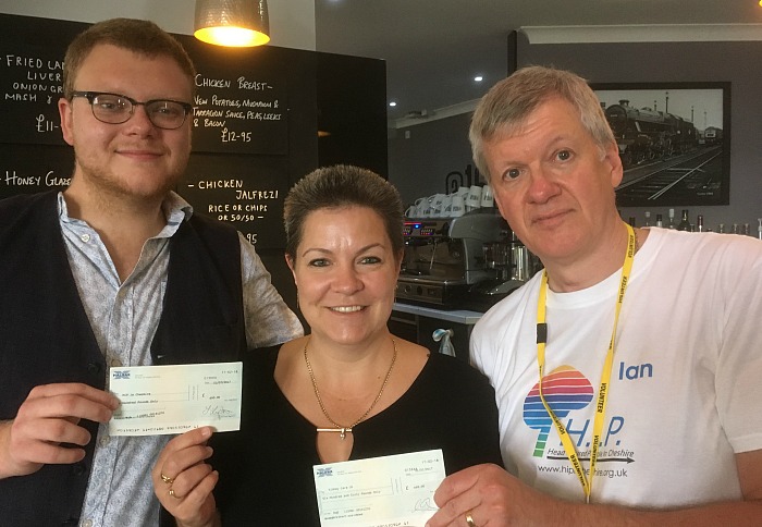 Tom Essex and Kerri Williams, with Ian Skaithe (right) from Head Injured People in Cheshire (HIP) Charity