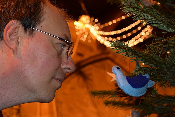 Visitor Andrew Lyon views a Christmas tree decoration