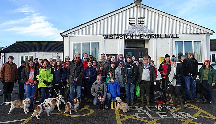 Walkers and dogs at the start at Wistaston Memorial Hall