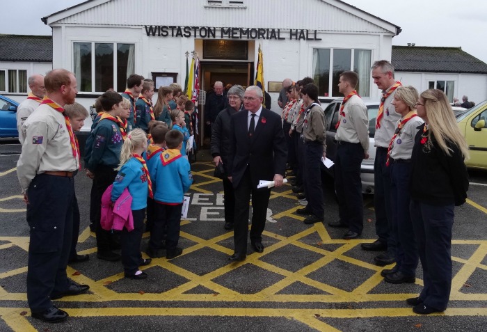 Wistaston 35th SWC Scout Group's guard of honour outside Memorial Hall