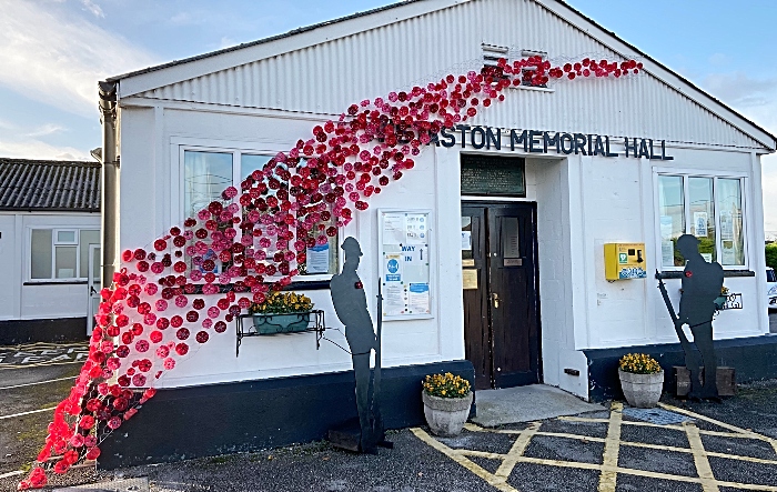 Wistaston Memorial Hall - Remembrance Day poppy cascade and silhouetted soldiers (1)