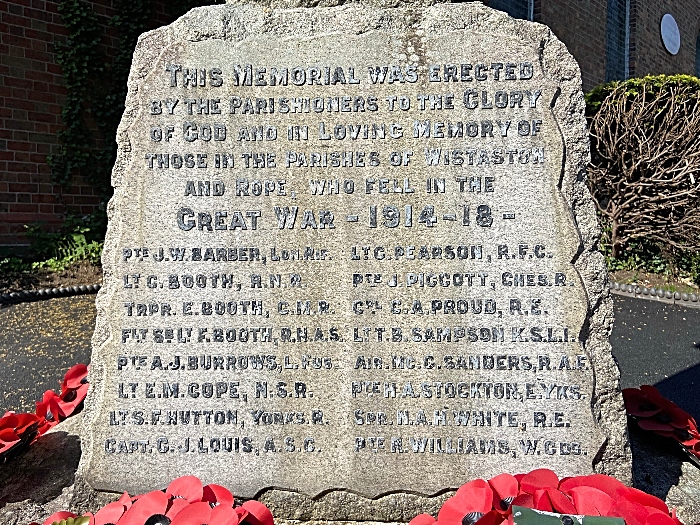 Wistaston & Rope War Memorial - First World War inscriptions (1)