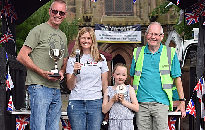 Wybunbury Fig Pie Wakes 2018 winners with RedShift Radio presenter Kelly-Ann Davies and Wybunbury Tower Trust representative