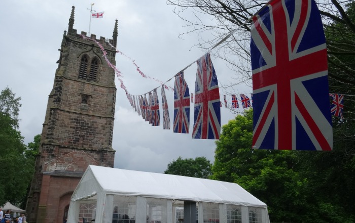 Fig Pie Wakes Wybunbury Tower dressed in Union Jack bunting