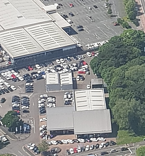 aerial view of car dealer