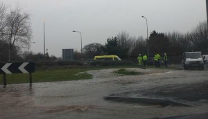 Burst water main floods major roads at Nantwich roundabout