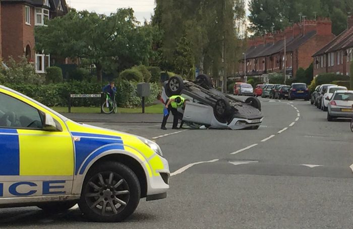 car flipped over on Shrewbridge Road, Nantwich