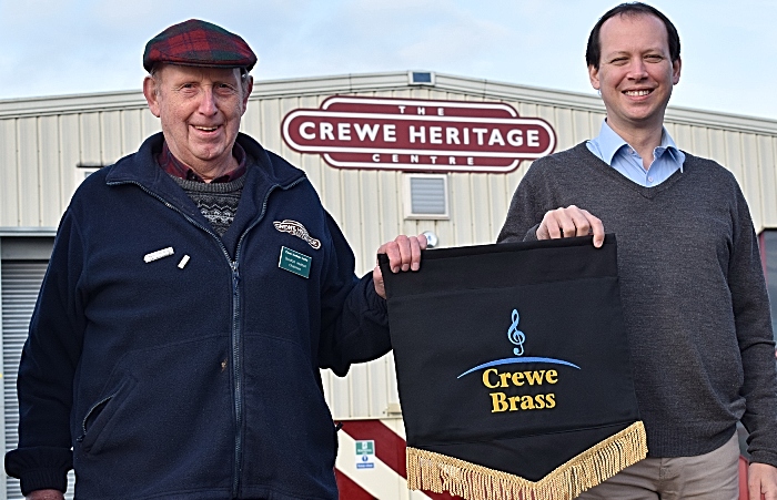 l-r Gordon Heddon, Chairman, Crewe Heritage Centre and Matt Pithers, Musical Director, Crewe Brass in front of Exhibition Hall at Crewe Heritage Centre (1)