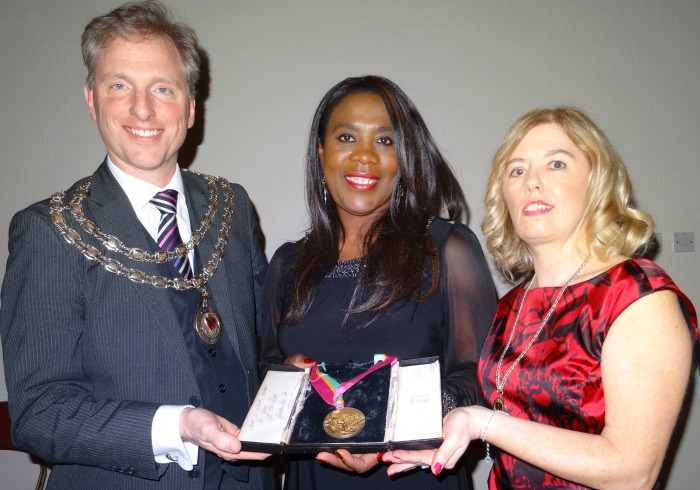 l-r Mayor Andrew Martin - Tessa Sanderson - Mayoress Linda Martin