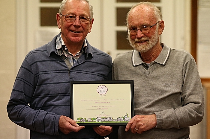l-r Mervyn Bellis and John Wood with their Wistaston Conservation Group ‘Britain in Bloom - It’s Your Neighbourhood Award of Level 5 - Outstanding’ 2019 certificate (1)