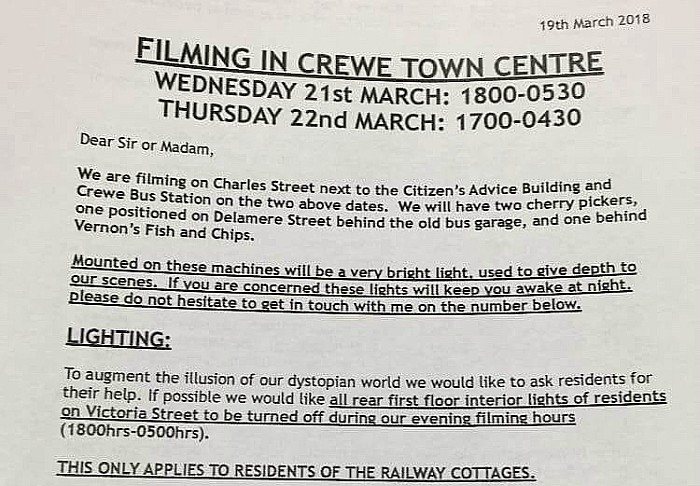 letter about Sky TV drama filming in Crewe
