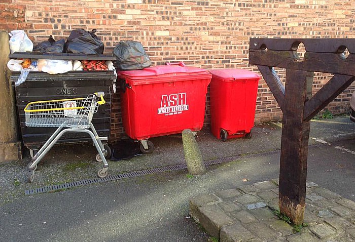 litter and bins next to historic Pillory Street stocks